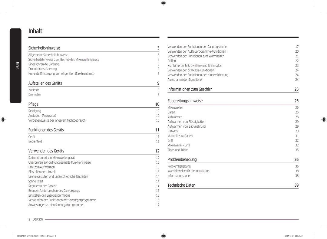 Samsung MG22M8074AT/EG manual Inhalt, Zubehör Drehteller, Gerät Bedienfeld 