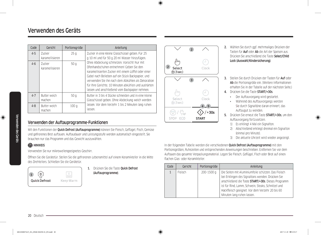 Samsung MG22M8074AT/EG manual Verwenden der Auftauprogramme-Funktionen 