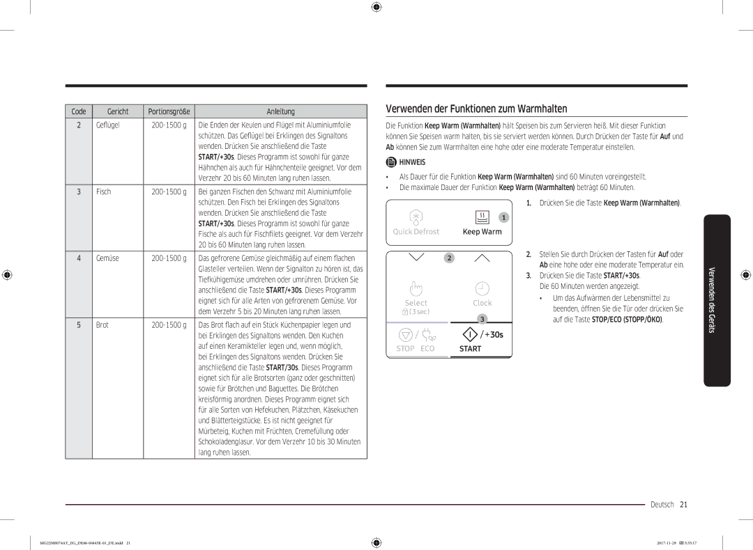 Samsung MG22M8074AT/EG manual Verwenden der Funktionen zum Warmhalten 