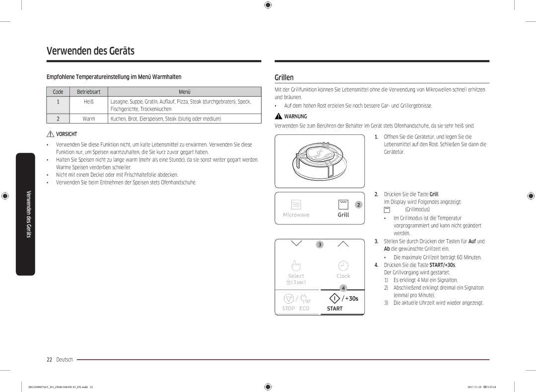 Samsung MG22M8074AT/EG manual Grillen, Empfohlene Temperatureinstellung im Menü Warmhalten 