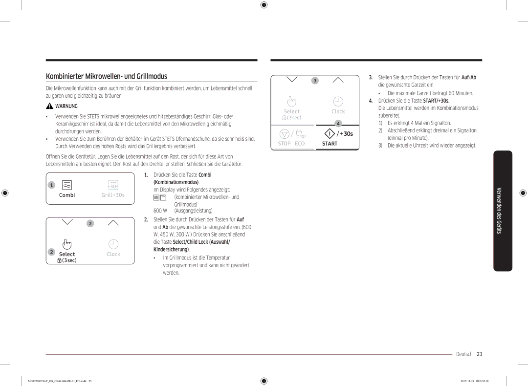 Samsung MG22M8074AT/EG manual Kombinierter Mikrowellen- und Grillmodus 