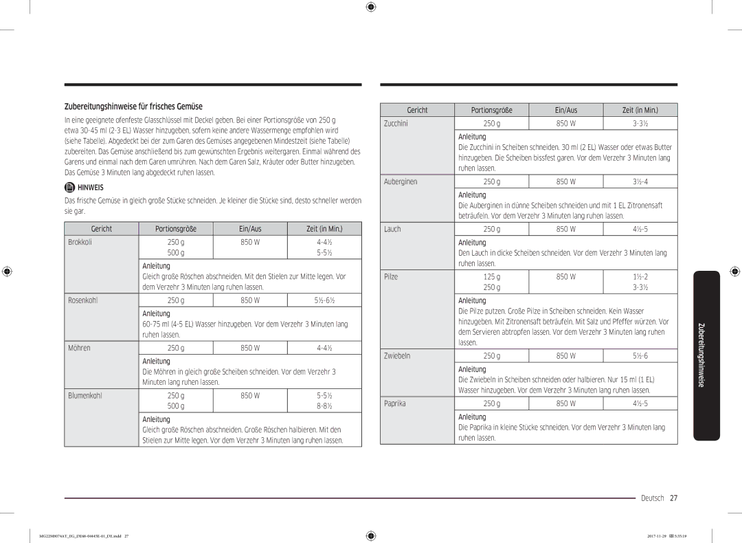 Samsung MG22M8074AT/EG manual Zubereitungshinweise für frisches Gemüse 