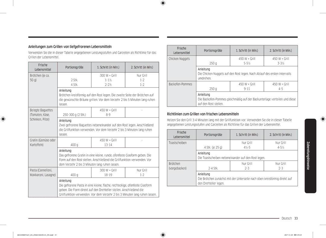 Samsung MG22M8074AT/EG manual Anleitungen zum Grillen von tiefgefrorenen Lebensmitteln 