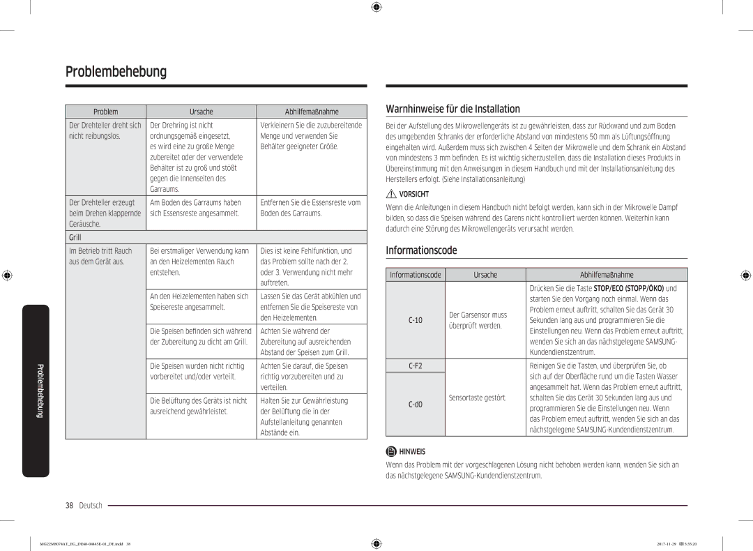 Samsung MG22M8074AT/EG manual Warnhinweise für die Installation, Informationscode 