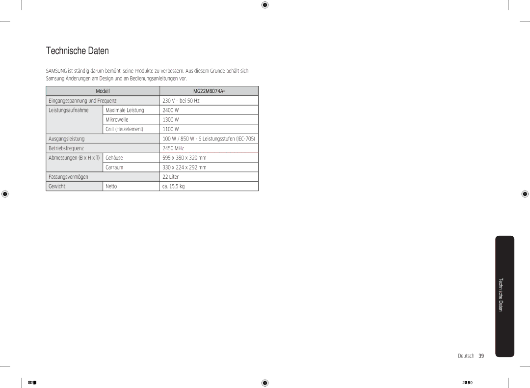 Samsung MG22M8074AT/EG manual Technische Daten, Betriebsfrequenz 2450 MHz 