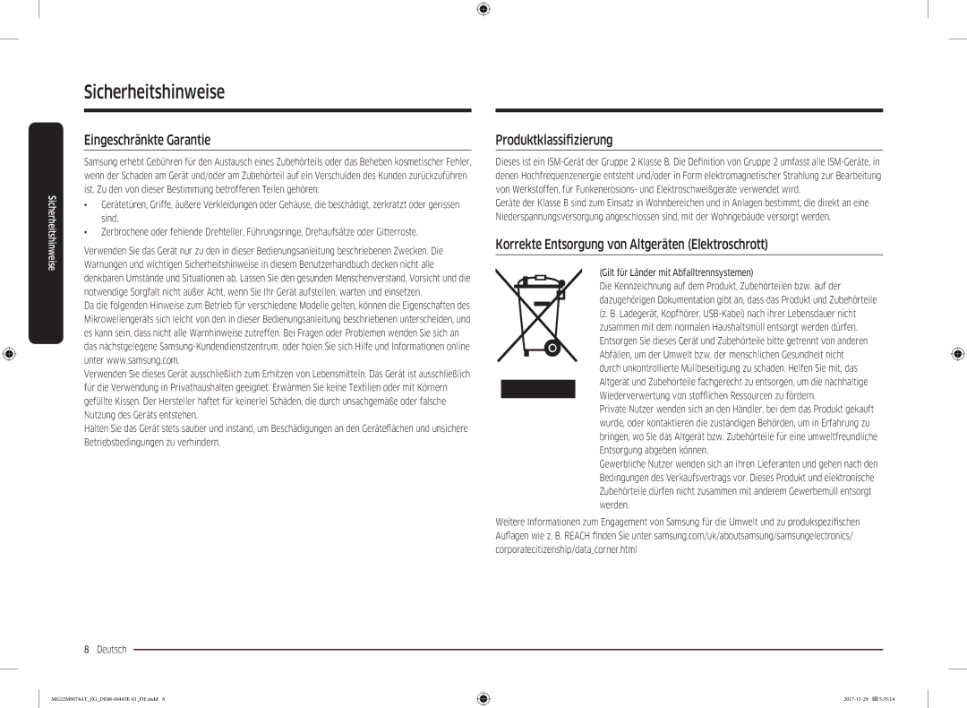 Samsung MG22M8074AT/EG Eingeschränkte Garantie, Produktklassifizierung, Korrekte Entsorgung von Altgeräten Elektroschrott 