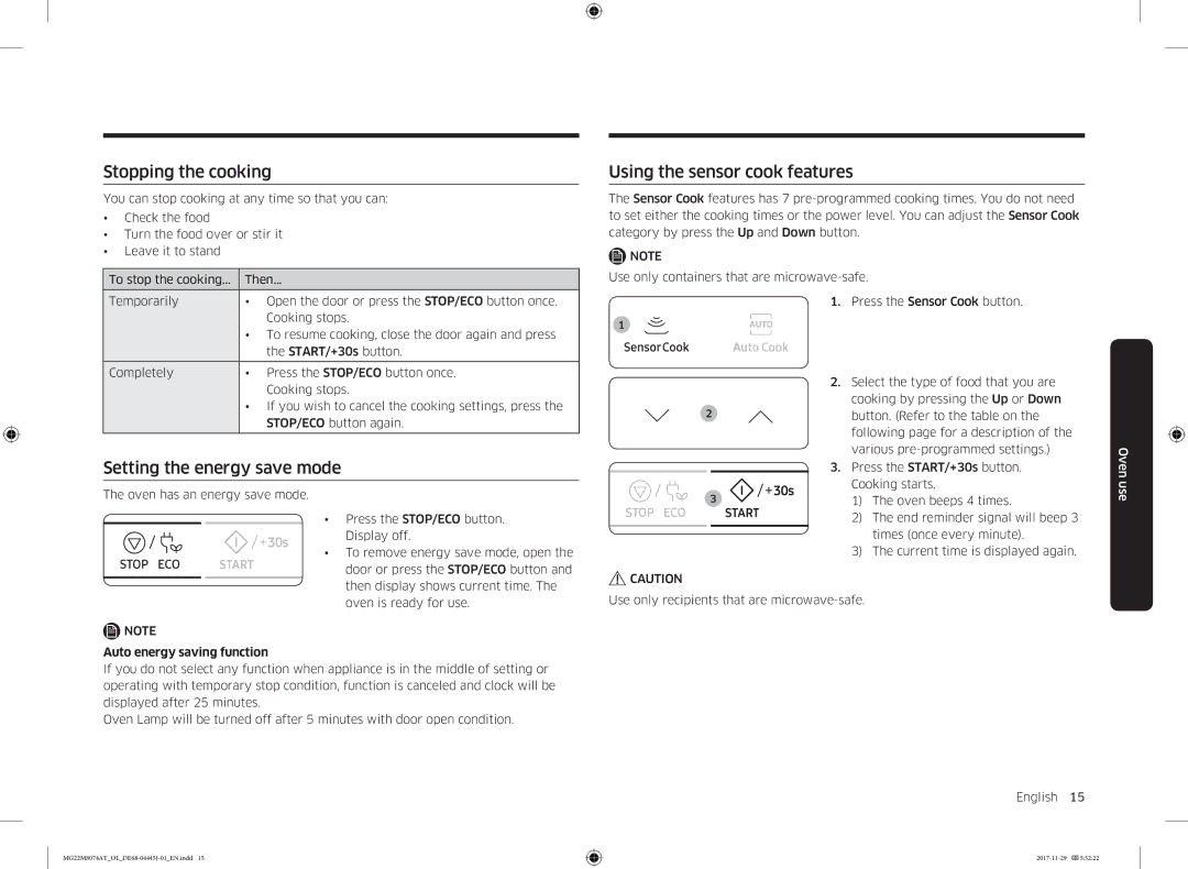 Samsung MG22M8074AT/OL manual Stopping the cooking, Using the sensor cook features, Setting the energy save mode 