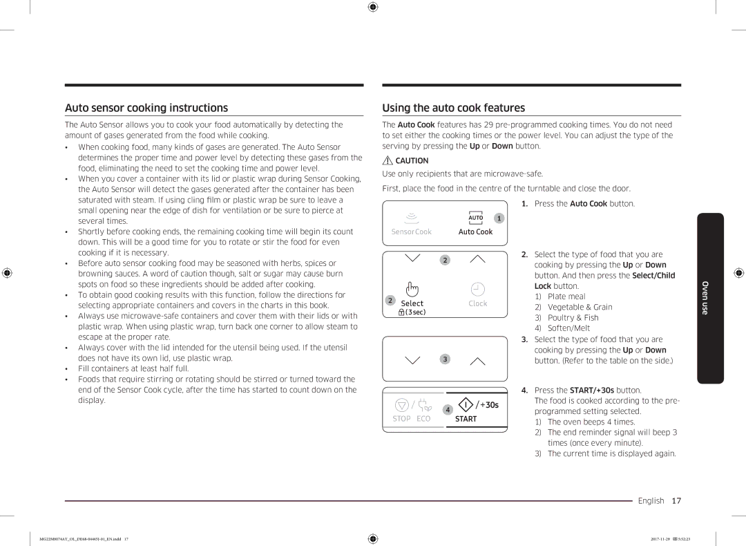 Samsung MG22M8074AT/OL manual Auto sensor cooking instructions, Using the auto cook features 