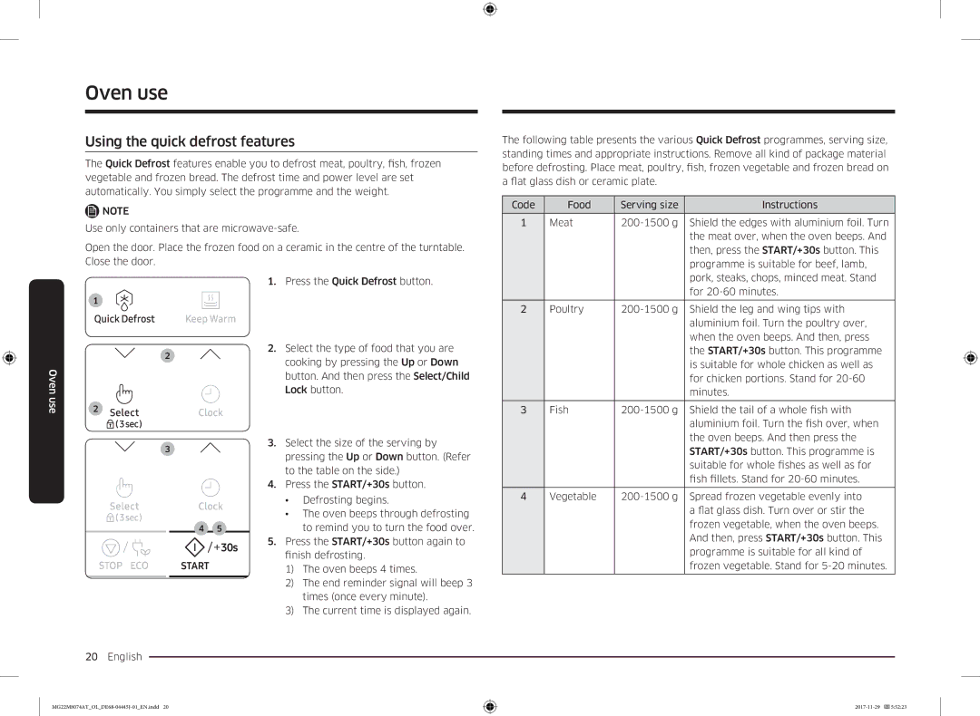 Samsung MG22M8074AT/OL manual Using the quick defrost features 