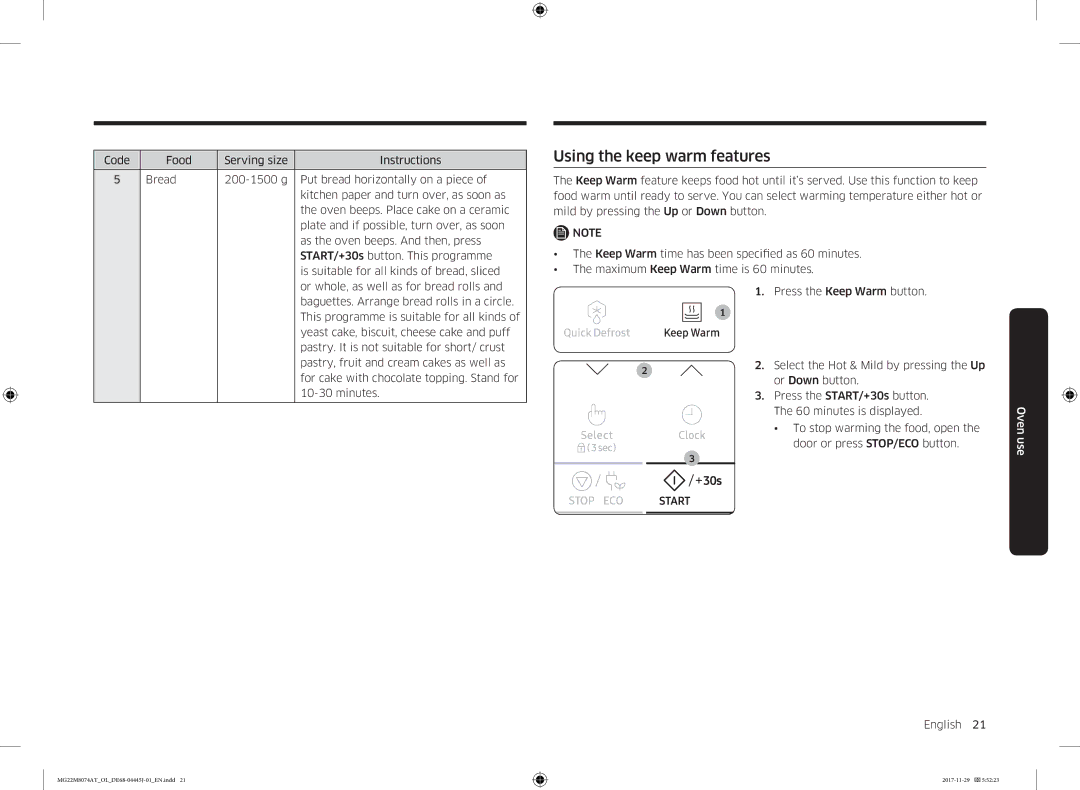 Samsung MG22M8074AT/OL manual Using the keep warm features 