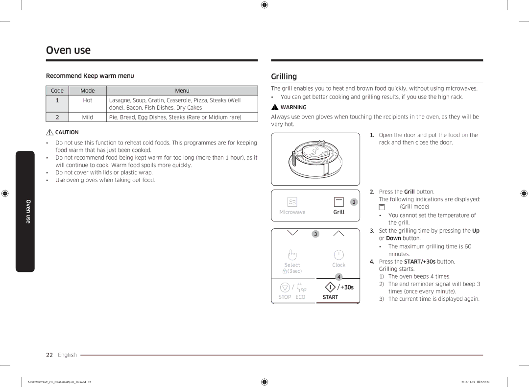 Samsung MG22M8074AT/OL manual Grilling, Recommend Keep warm menu 