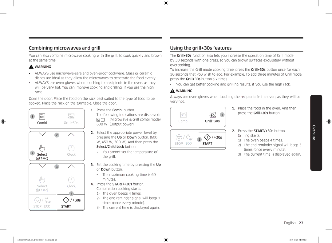 Samsung MG22M8074AT/OL manual Combining microwaves and grill, Using the grill+30s features 