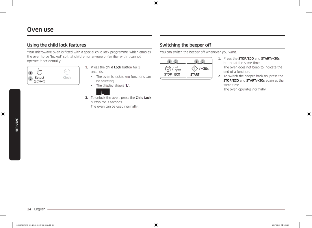 Samsung MG22M8074AT/OL manual Using the child lock features, Switching the beeper off 