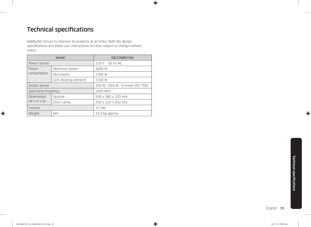 Samsung MG22M8074AT/OL manual Technical specifications, Fications Technical speci 