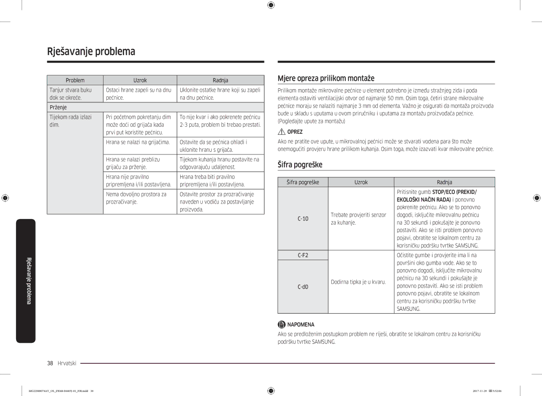 Samsung MG22M8074AT/OL manual Mjere opreza prilikom montaže, Šifra pogreške, Problem Uzrok Radnja Tanjur stvara buku 