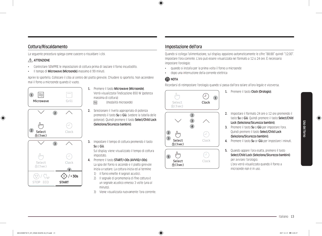 Samsung MG22M8074CT/ET Cottura/Riscaldamento, Impostazione dellora, Premere il tasto Su or Giù per impostare i minuti 