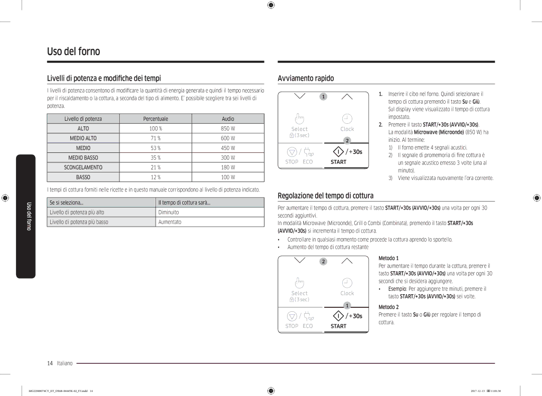 Samsung MG22M8074CT/ET manual Livelli di potenza e modifiche dei tempi, Avviamento rapido, Regolazione del tempo di cottura 