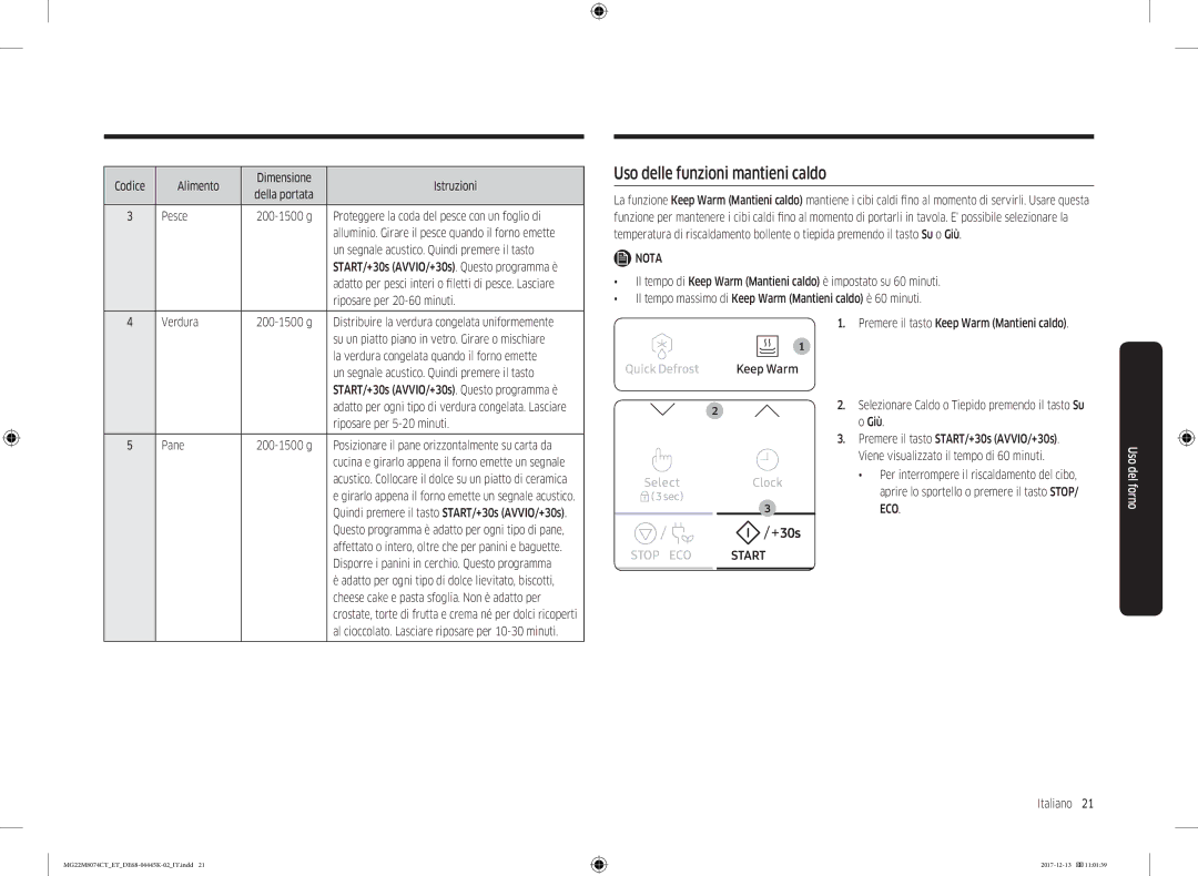 Samsung MG22M8074CT/ET manual Uso delle funzioni mantieni caldo 