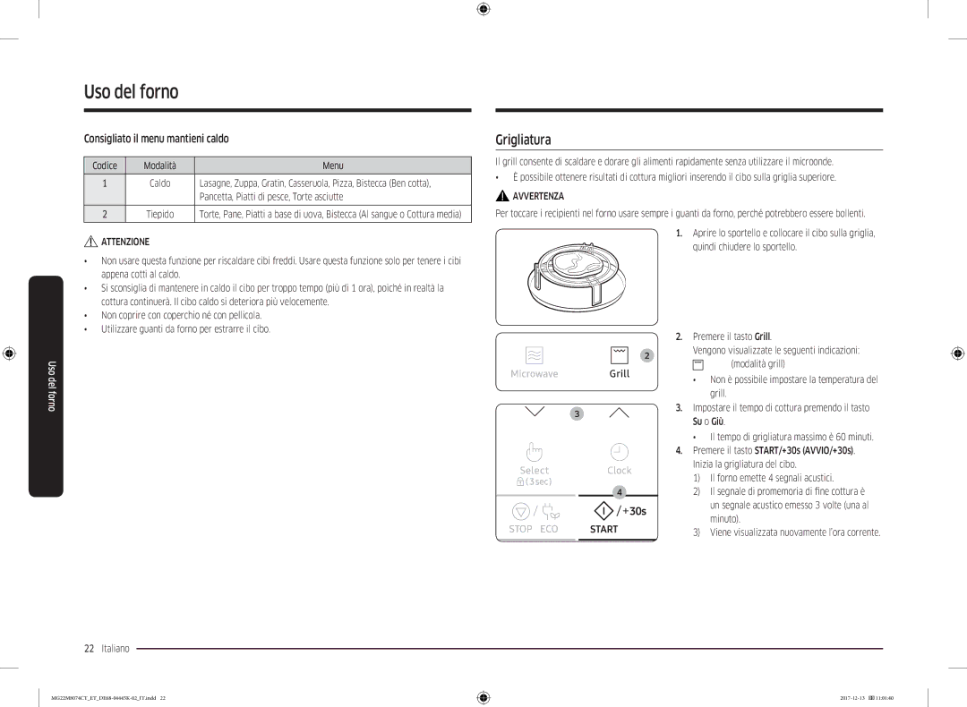 Samsung MG22M8074CT/ET manual Grigliatura, Consigliato il menu mantieni caldo 