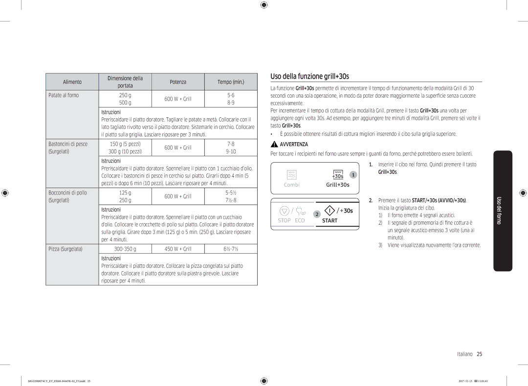 Samsung MG22M8074CT/ET manual Uso della funzione grill+30s 