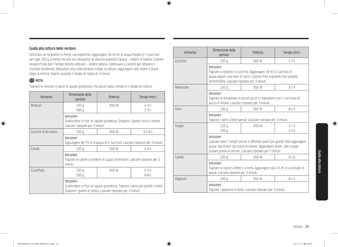 Samsung MG22M8074CT/ET manual Guida alla cottura delle verdure 