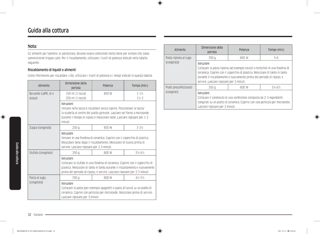 Samsung MG22M8074CT/ET manual Nota, Riscaldamento di liquidi e alimenti 