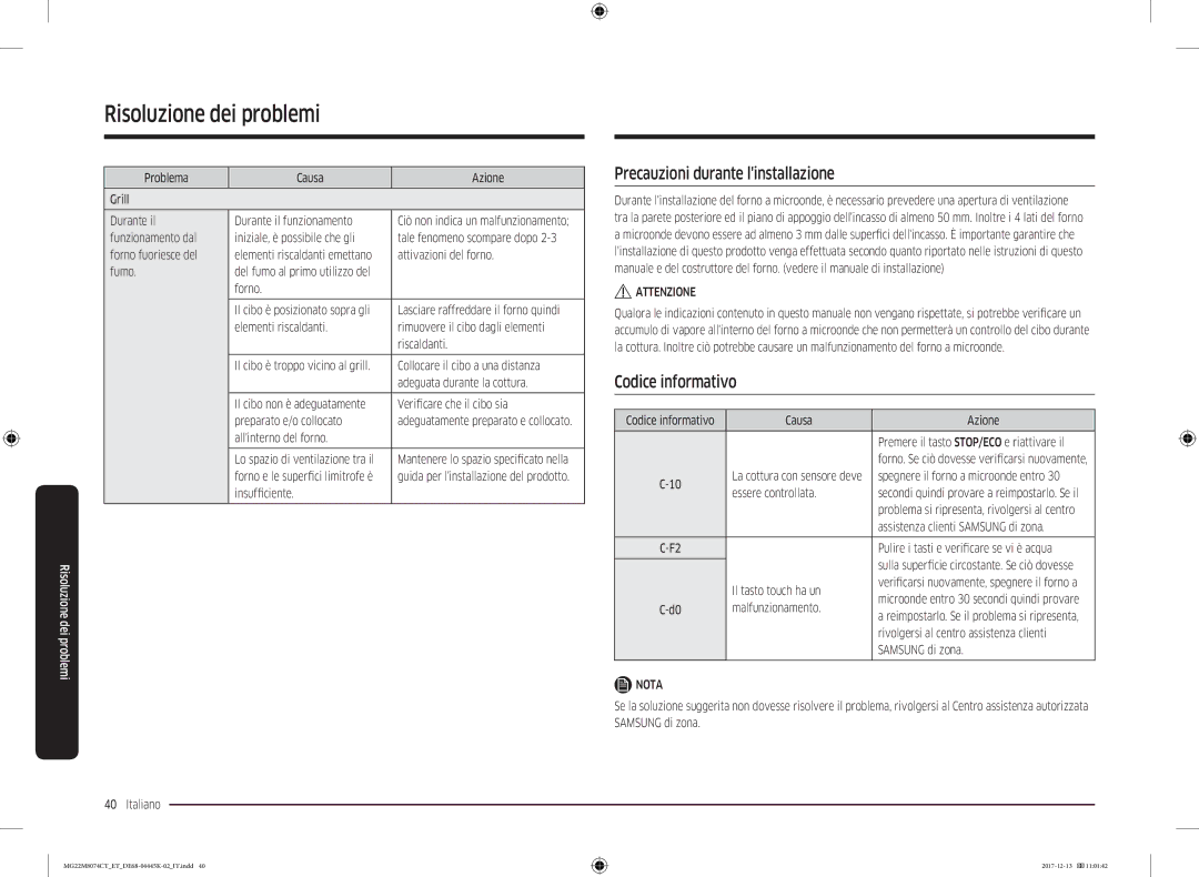 Samsung MG22M8074CT/ET manual Precauzioni durante linstallazione, Codice informativo 