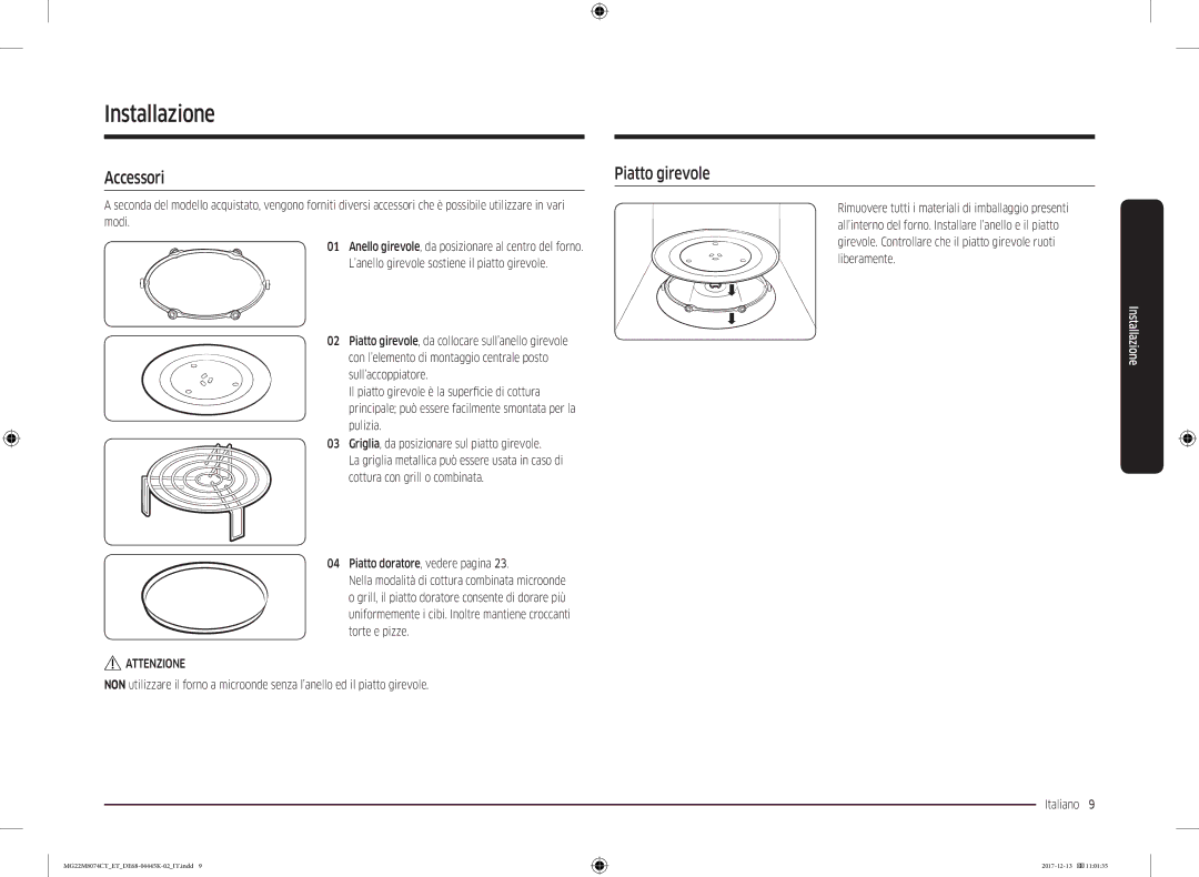 Samsung MG22M8074CT/ET manual Installazione, Accessori 