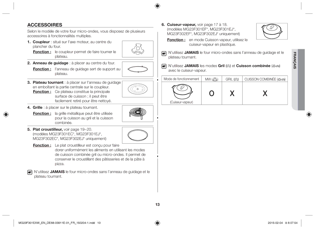 Samsung MG23F301EAW/EF manual Accessoires, Plat croustilleur, voir page 19~20, Mode de fonctionnement MW, Cuiseur-vapeur 