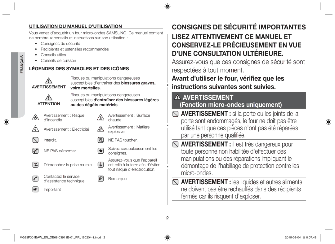 Samsung MG23F301EAK/EN, MG23F301EAW/EF Par une personne qualifiée, Remarque, Contactez le service dassistance technique 