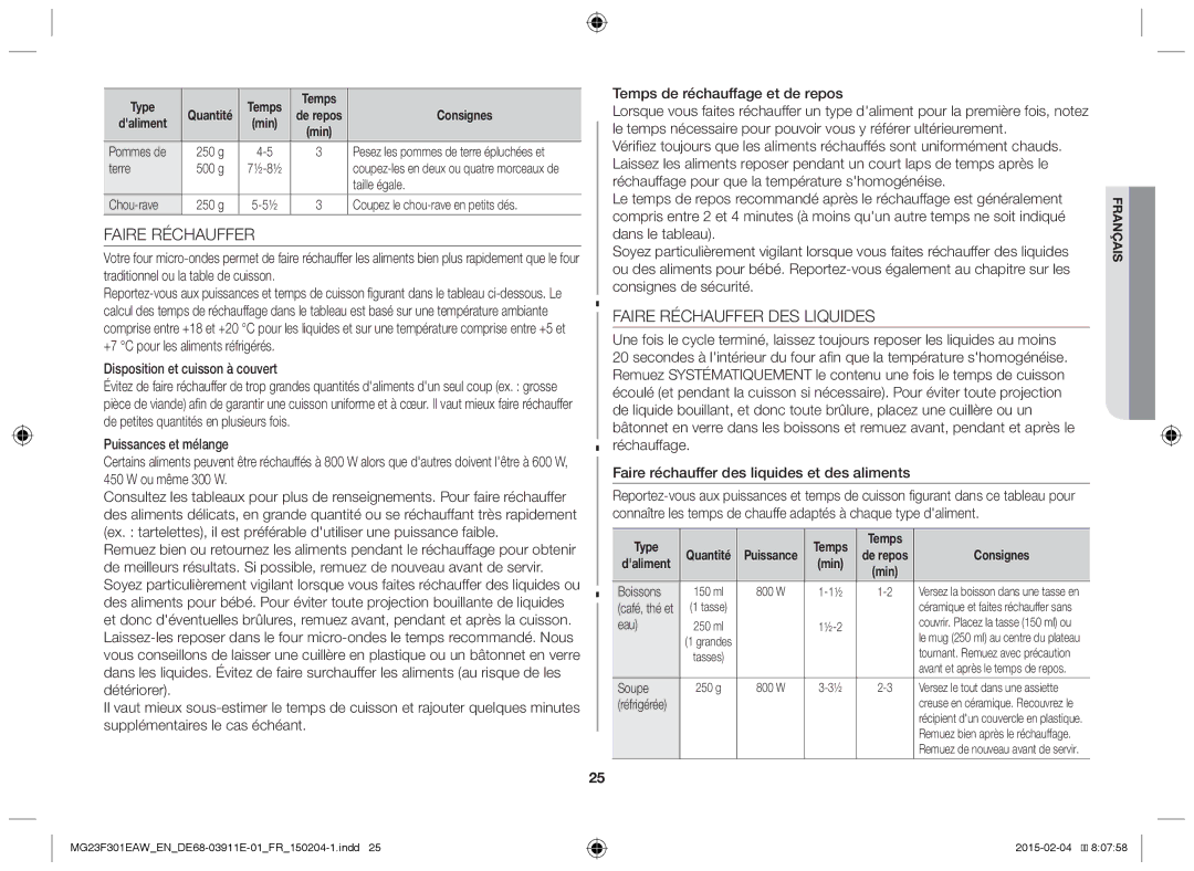 Samsung MG23F301EAW/EF, MG23F301EAK/EN Faire Réchauffer DES Liquides, Disposition et cuisson à couvert, Type Temps 