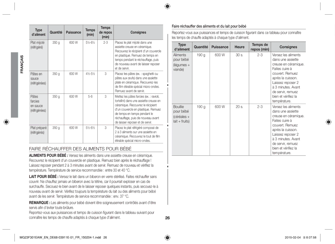 Samsung MG23F301EAK/EN manual Faire Réchauffer DES Aliments Pour Bébé, Servis afin déviter toute brûlure, Type Quantité 