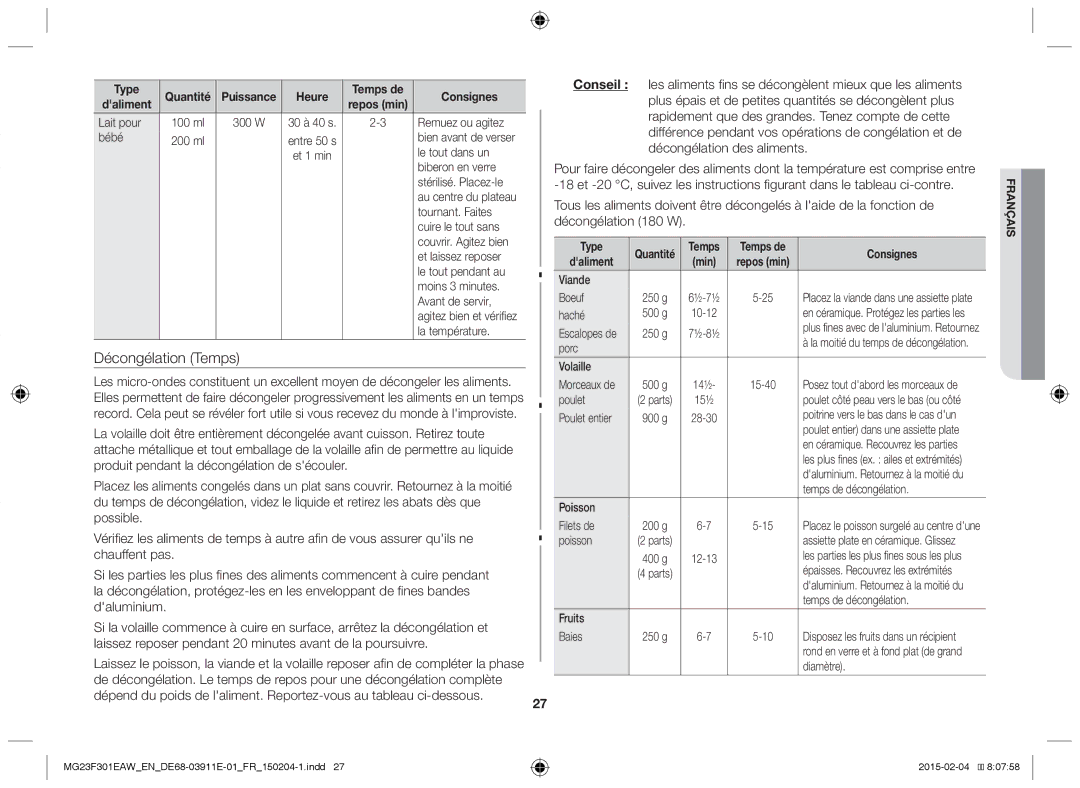 Samsung MG23F301EAW/EF, MG23F301EAK/EN manual Produit pendant la décongélation de sécouler, Heure Temps de Consignes 