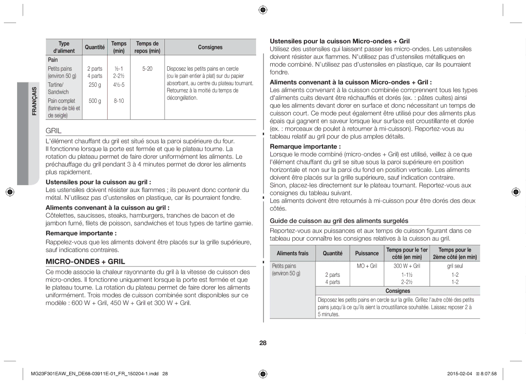 Samsung MG23F301EAK/EN, MG23F301EAW/EF manual Gril 