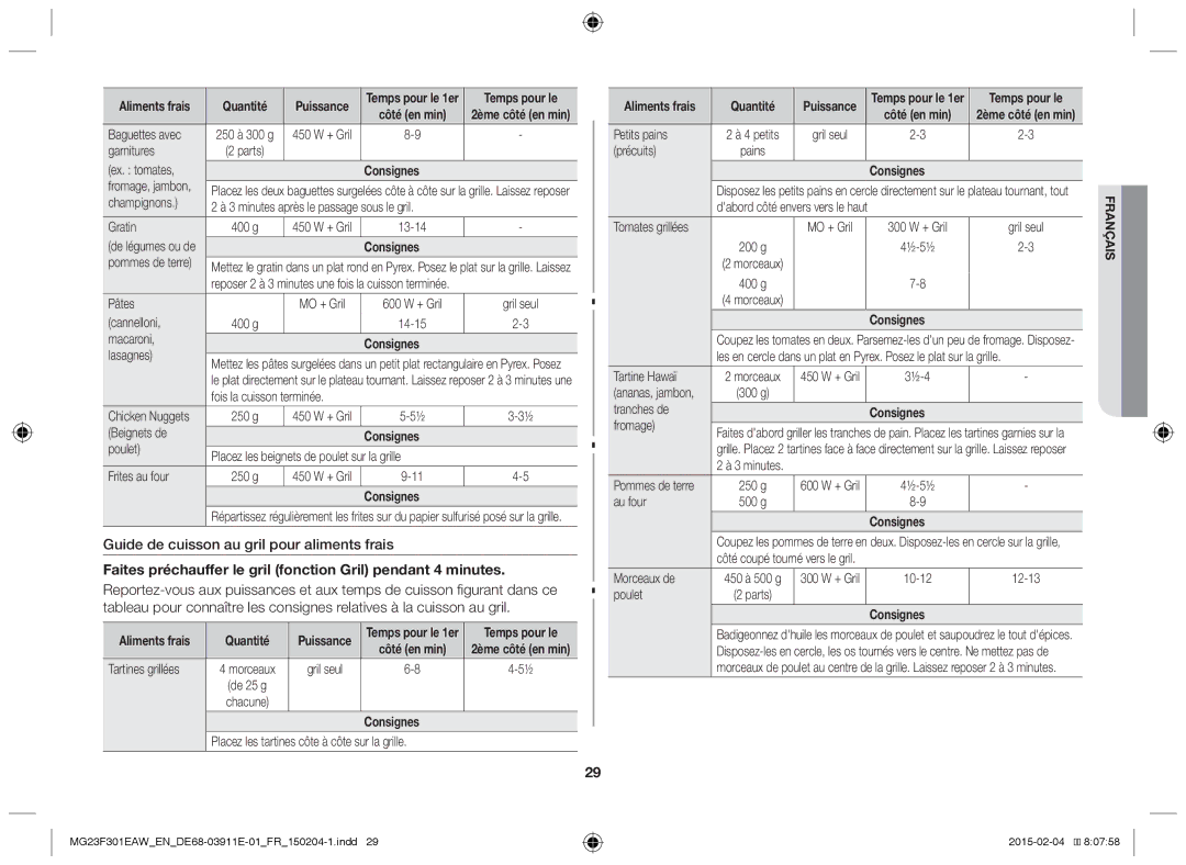 Samsung MG23F301EAW/EF, MG23F301EAK/EN manual Guide de cuisson au gril pour aliments frais 