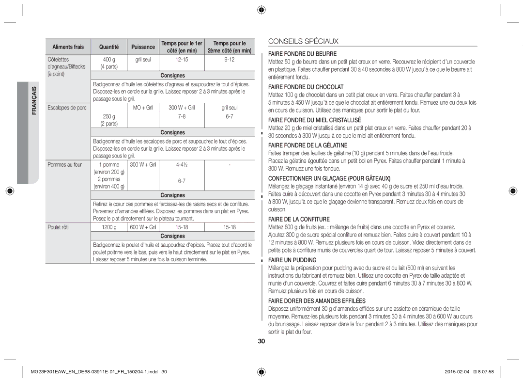 Samsung MG23F301EAK/EN, MG23F301EAW/EF manual Conseils Spéciaux, Côtelettes, Point, Passage sous le gril, Poulet rôti 