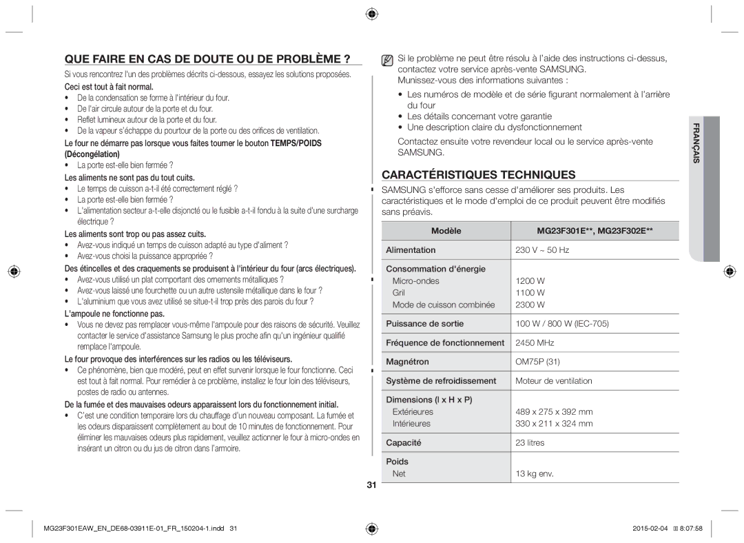 Samsung MG23F301EAW/EF Que faire en cas de doute ou de problème ?, Caractéristiques techniques, Lampoule ne fonctionne pas 