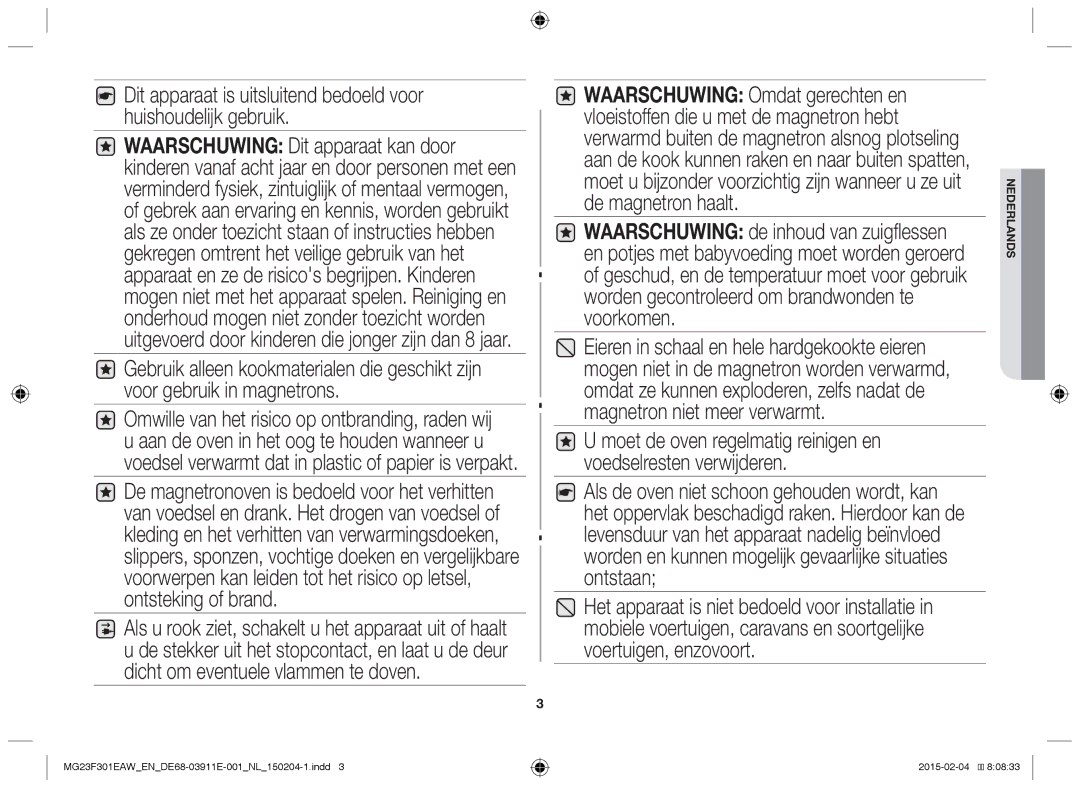 Samsung MG23F301EAW/EF, MG23F301EAK/EN manual MG23F301EAWENDE68-03911E-001NL150204-1.indd 2015-02-04 80833 