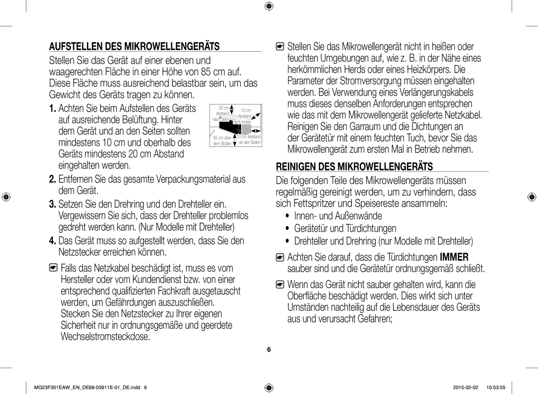 Samsung MG23F301EAK/EN, MG23F301EAW/EF manual Entfernen Sie das gesamte Verpackungsmaterial aus dem Gerät 