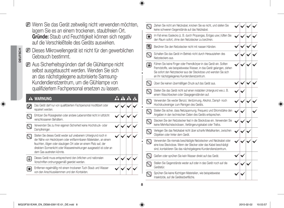 Samsung MG23F301EAK/EN, MG23F301EAW/EF manual Warnung, Üben Sie keinen übermäßigen Druck auf das Gerät aus 