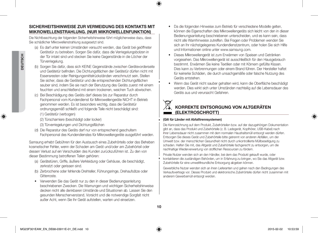 Samsung MG23F301EAK/EN, MG23F301EAW/EF manual Korrekte Entsorgung VON Altgeräten Elektroschrott 