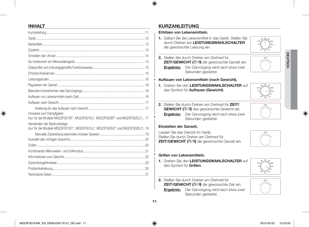 Samsung MG23F301EAW/EF, MG23F301EAK/EN manual Inhalt, Kurzanleitung, Erhitzen von Lebensmitteln, Einstellen der Garzeit 