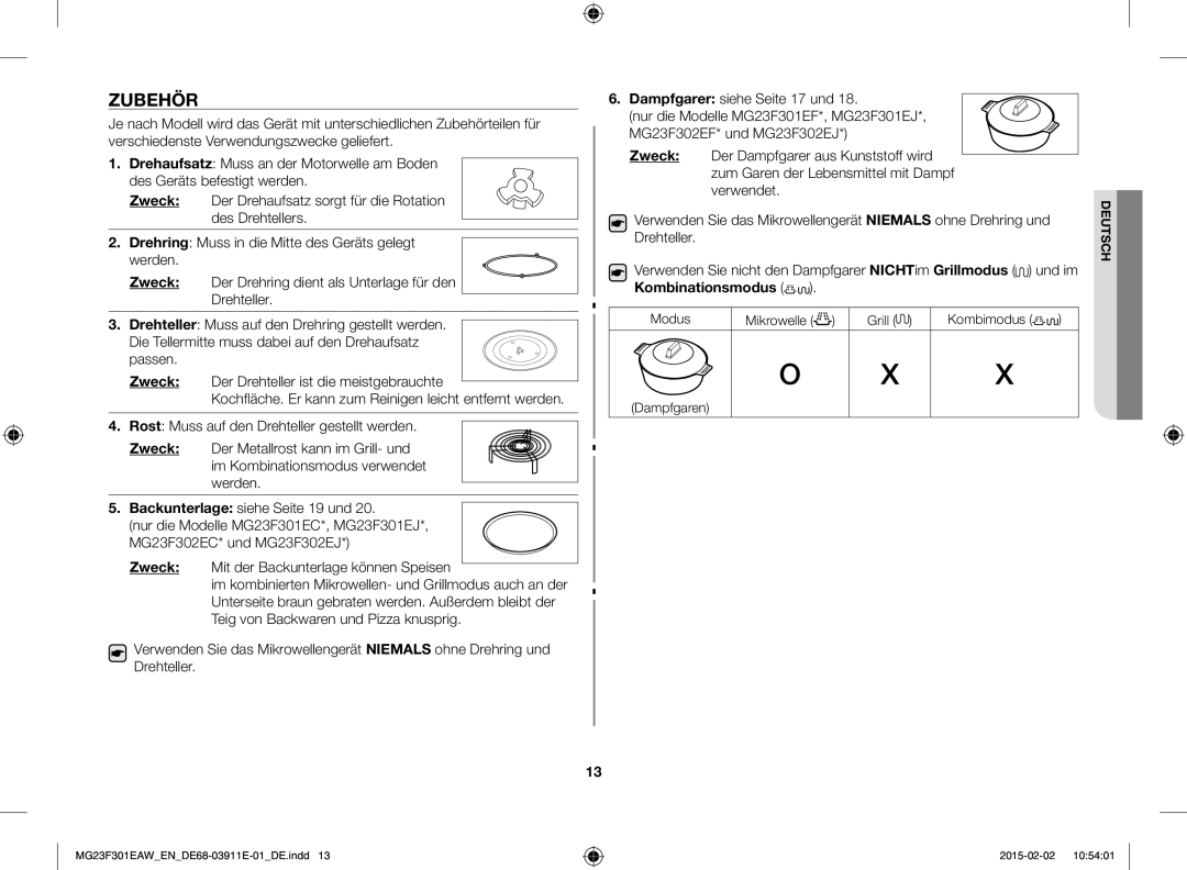 Samsung MG23F301EAW/EF, MG23F301EAK/EN manual Zubehör, Modus Mikrowelle Grill Kombimodus Dampfgaren 