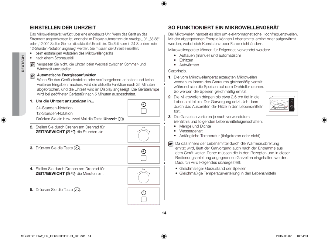 Samsung MG23F301EAK/EN Einstellen DER Uhrzeit, SO Funktioniert EIN Mikrowellengerät, Automatische Energiesparfunktion 