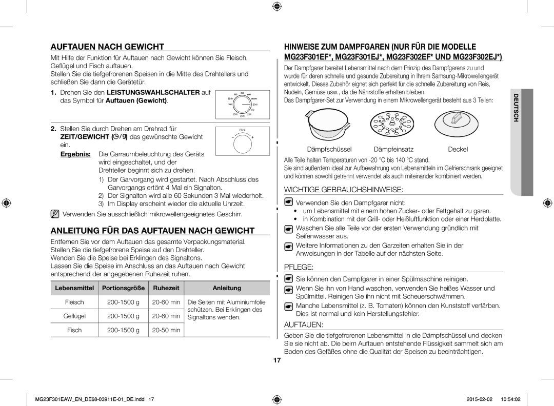 Samsung MG23F301EAW/EF, MG23F301EAK/EN Anleitung FÜR DAS Auftauen Nach Gewicht, Wichtige Gebrauchshinweise, Pflege 