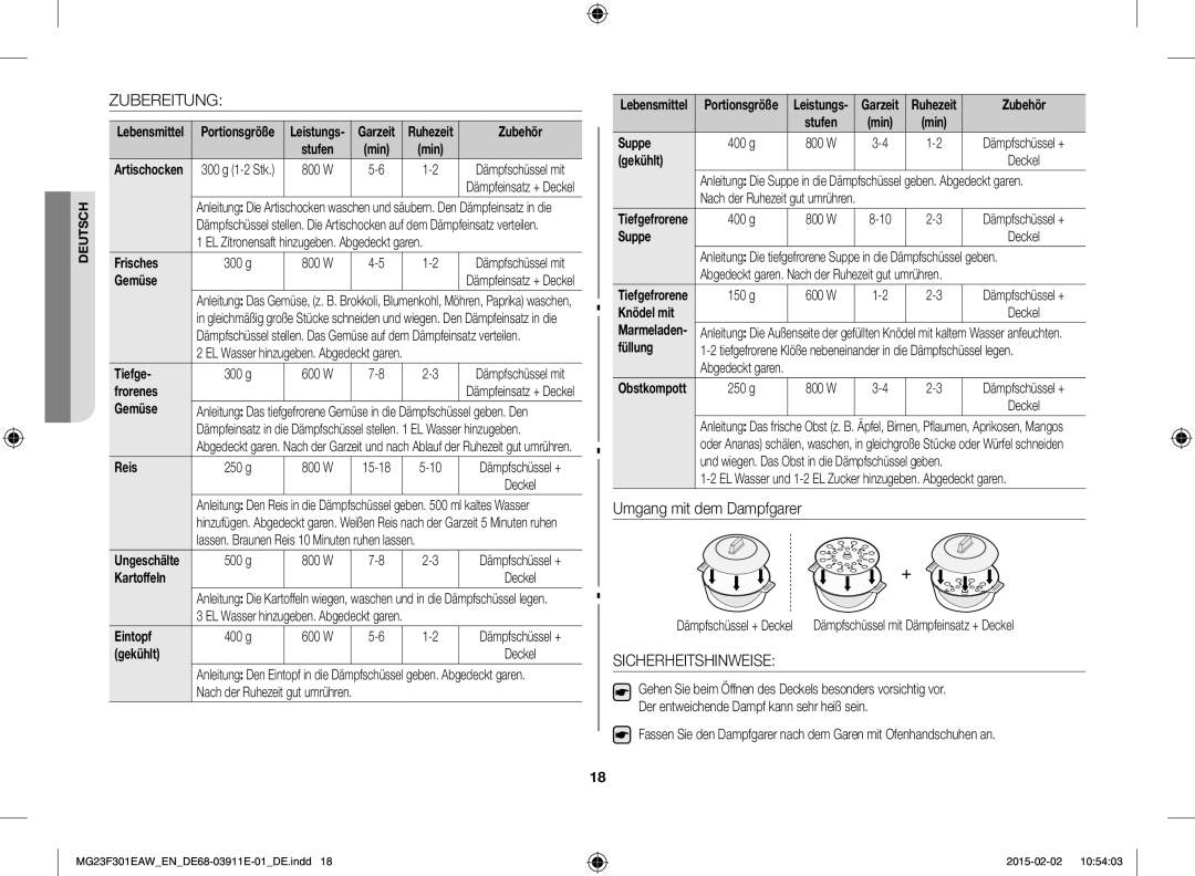 Samsung MG23F301EAK/EN, MG23F301EAW/EF manual Zubereitung, Sicherheitshinweise 