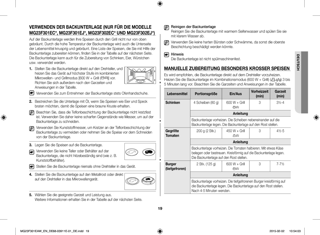 Samsung MG23F301EAW/EF, MG23F301EAK/EN manual Schinken, Gegrillte, Tomaten Anleitung, Burger, Tiefgefroren Anleitung 