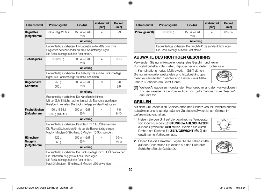 Samsung MG23F301EAK/EN, MG23F301EAW/EF manual Auswahl DES Richtigen Geschirrs, Grillen 