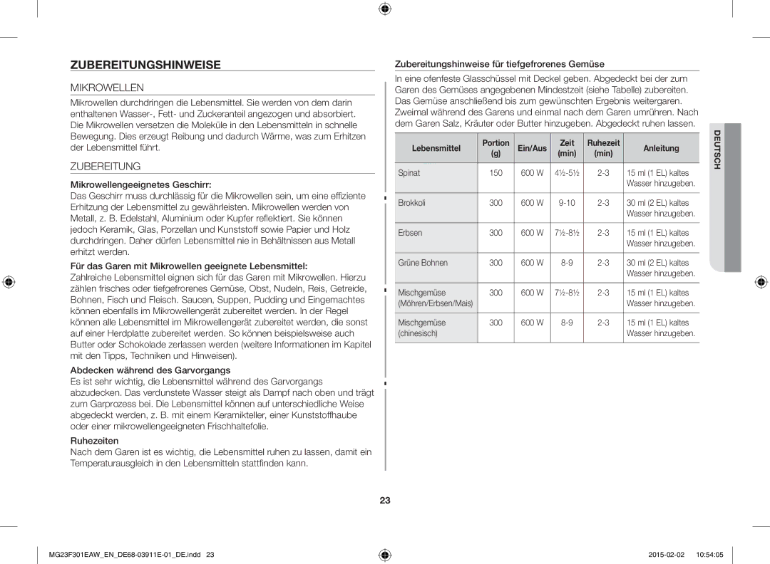 Samsung MG23F301EAW/EF manual Zubereitungshinweise, Mikrowellen, Lebensmittel Portion Ein/Aus Zeit Ruhezeit Anleitung 