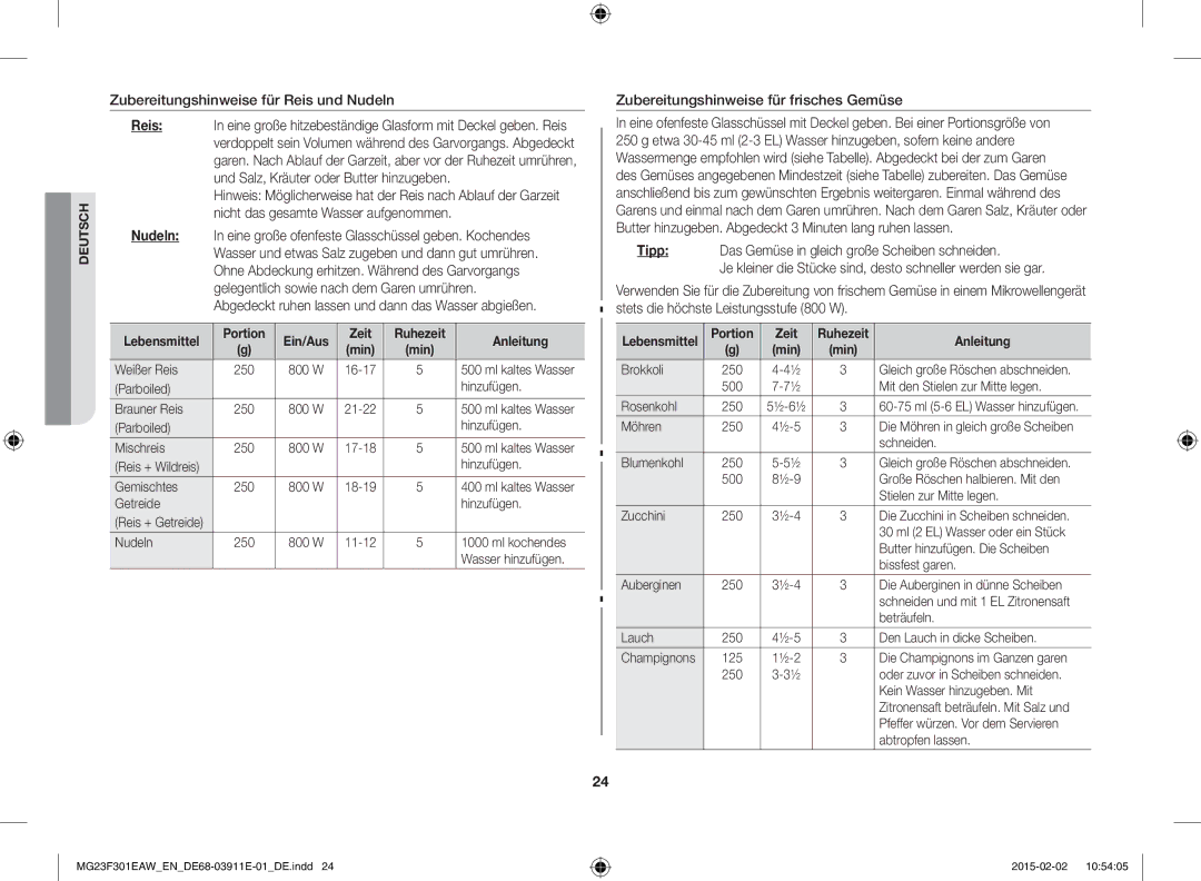 Samsung MG23F301EAK/EN, MG23F301EAW/EF Zubereitungshinweise für Reis und Nudeln, Zubereitungshinweise für frisches Gemüse 